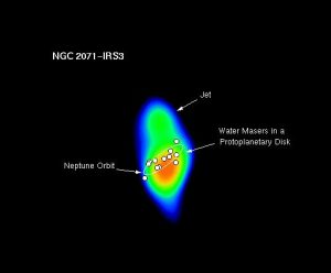 Graphic depicting water masers in protoplanetary disk