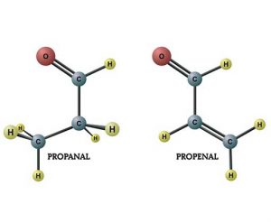 Diagrams of propanal and propenal.