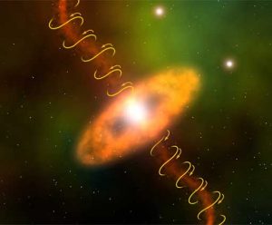 Artist's Conception Shows Tightly-Wound Magnetic Field Confining Jet.