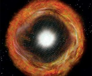 Core-collapse supernova explosion expelling nearly-spherical debris shell.