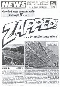 Newspaper article claiming 300-foot telescope was attacked by aliens