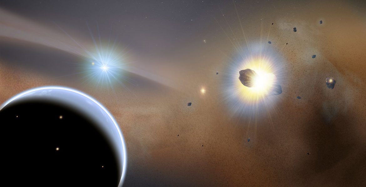 Artist concept of collisions in outer parts of a solar system