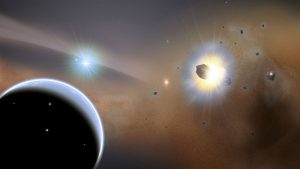 Artist concept of collisions in outer parts of a solar system