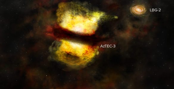Labeled artist's impression of the protocluster observed by ALMA.