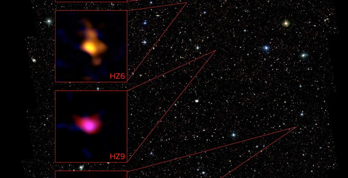 The ALMA data for four galaxies is show in relation to objects in the COSMOS field taken with the Hubble Space Telescope.
