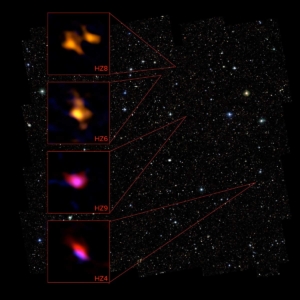 The ALMA data for four galaxies is show in relation to objects in the COSMOS field taken with the Hubble Space Telescope.