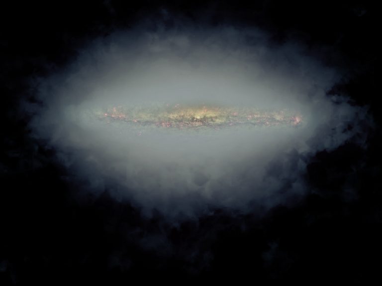 Composite image of an edge-on spiral galaxy, NGC 5775