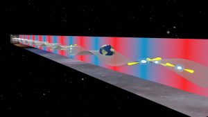 Artist's conception of gravitational waves interacting with pulsars