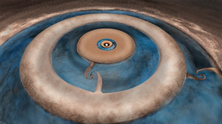 Artist impression of the protoplanetary disk surrounding the young star HD 163296.