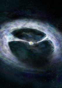 Illustration of two planets in protoplanetary disk feeding a young star.