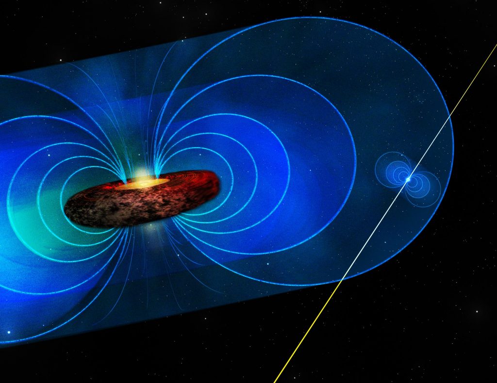 Illustration of a pulsar inside the magnetic field around a black hole.