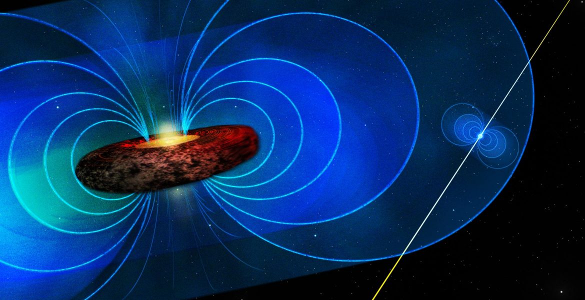 Illustration of a pulsar inside the magnetic field around a black hole.