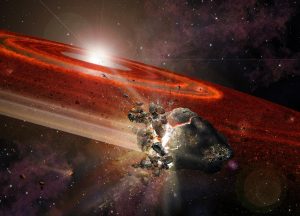 Illustration of rocky objects colliding in the debris disk around a young star.