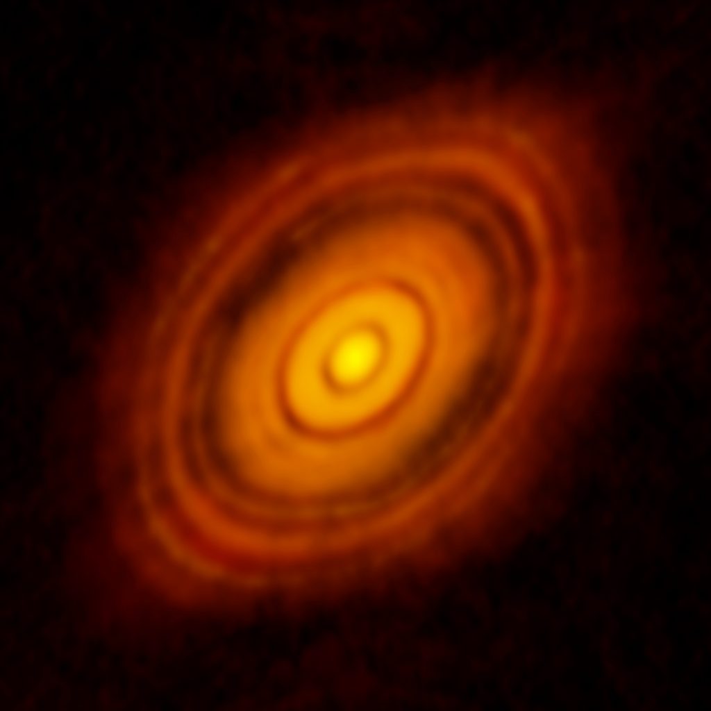 Radio image of the protoplanetary disk around young star HL Tau.