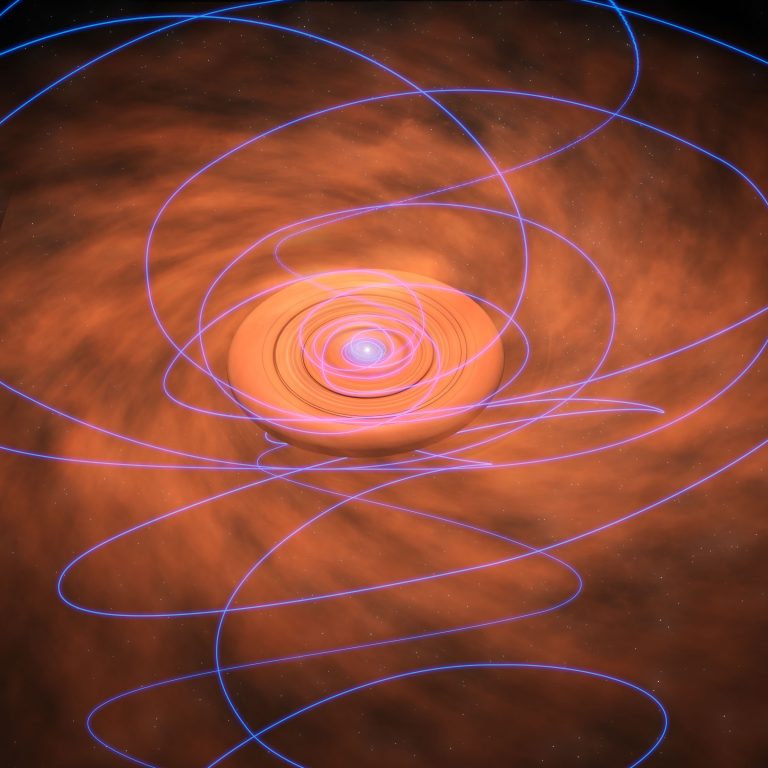 Artist's conception of magnetic field lines twisting into a dusty protoplanetary disk around a young star.