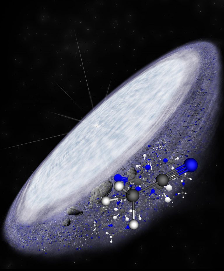 Illustration of a protoplanetary disk around a young star MWC 480, with molecules in the foreground.