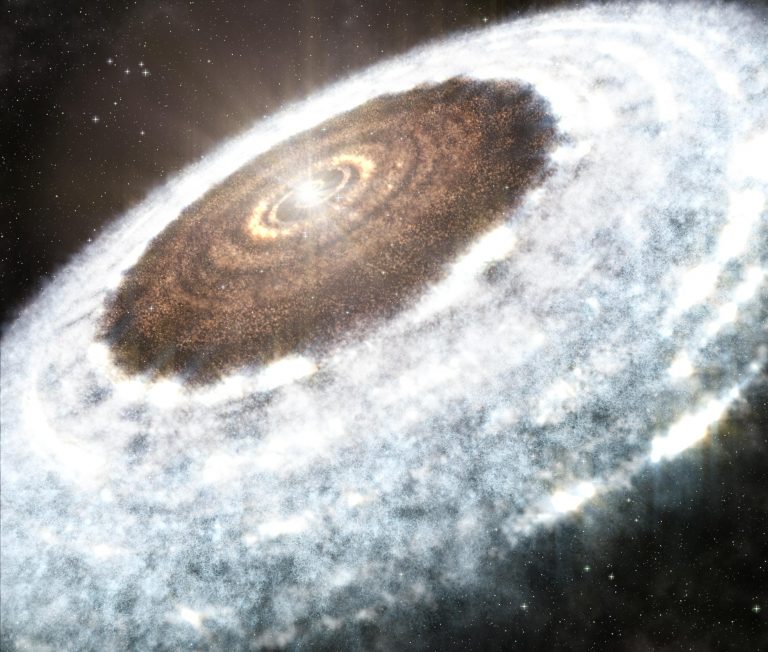 Illustration of an icy disk around a young star in Orion.