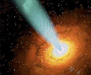 An artist's model of a quasar shows the hot disk of gas and dust rotating around a central, supermassive black hole. The magnetic field of this system is so powerful that particles from the disk are carried up and out of the system by the strength of the poles.