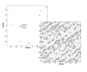 On the left is a VLA image of a star. On the right is the VLA's image of the same star when a satellite was passing within 25 degrees of the star's position on the sky. The star's data are swamped by the satellite's transmissions.