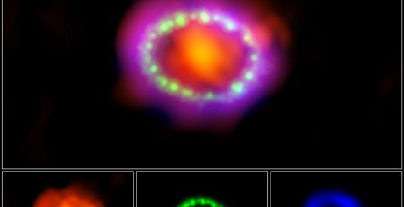 Combined and separate images of Supernova 1987A