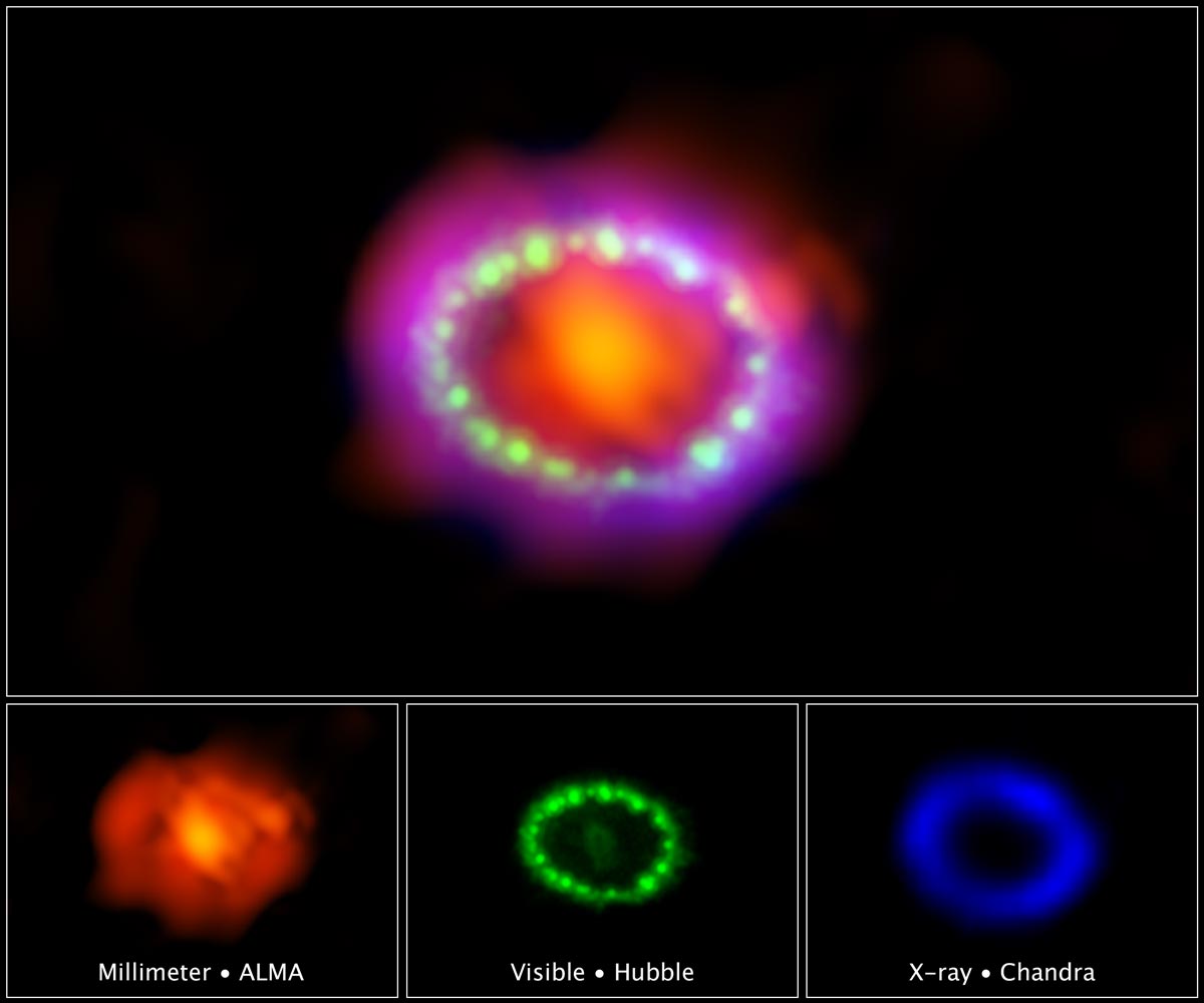 Combined and separate images of Supernova 1987A
