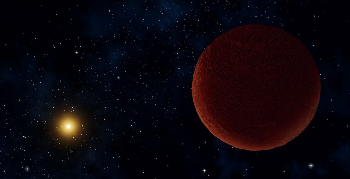 Illustration of a dwarf planet with stars and the Sun in the background.