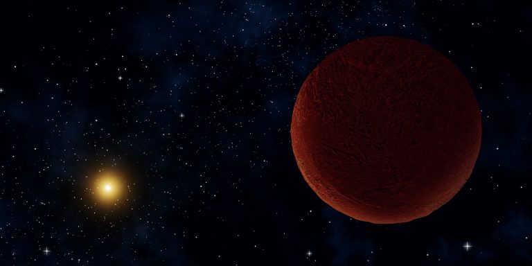 Illustration of a dwarf planet with stars and the Sun in the background.