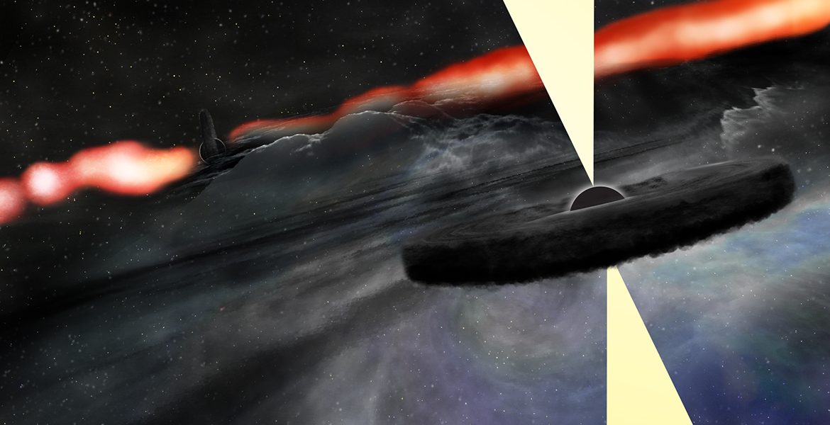 Concepción artística de dos agujeros negros supermasivos en galaxias Cygnus A.