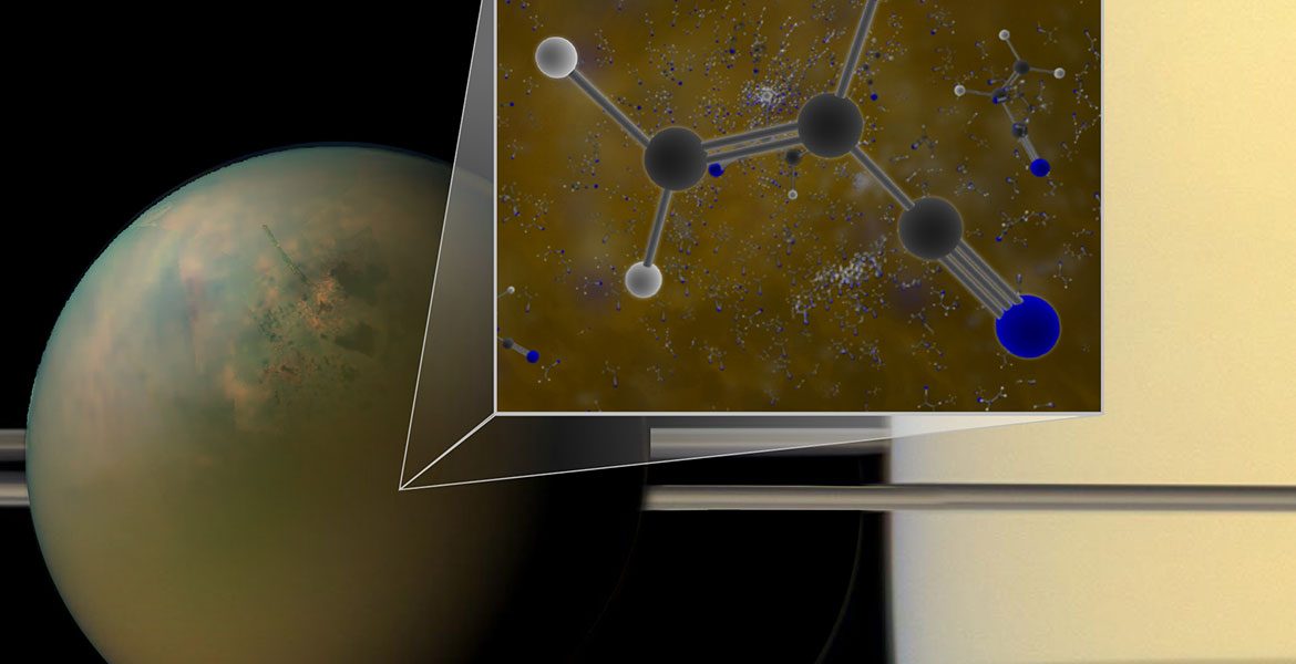 Titan is shown in an optical (atmosphere) infrared (surface) composite from NASA's Cassini spacecraft. In a liquid methane environment, vinyl cyanide may form membranes.