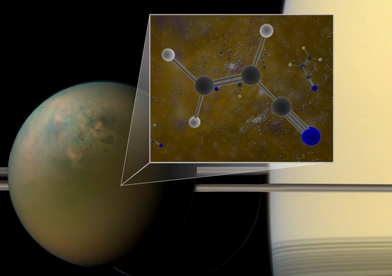 Titan is shown in an optical (atmosphere) infrared (surface) composite from NASA's Cassini spacecraft. In a liquid methane environment, vinyl cyanide may form membranes.