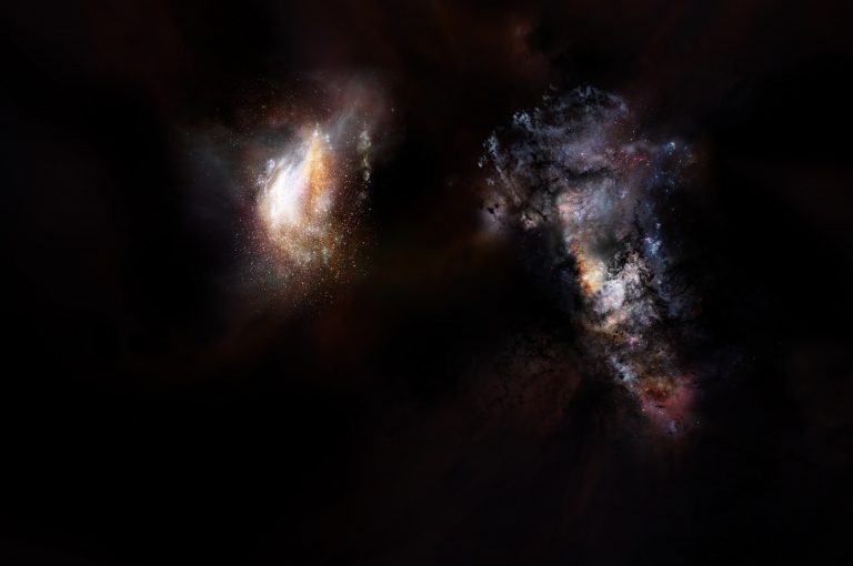 Artist impression of a pair of galaxies from the very early universe.