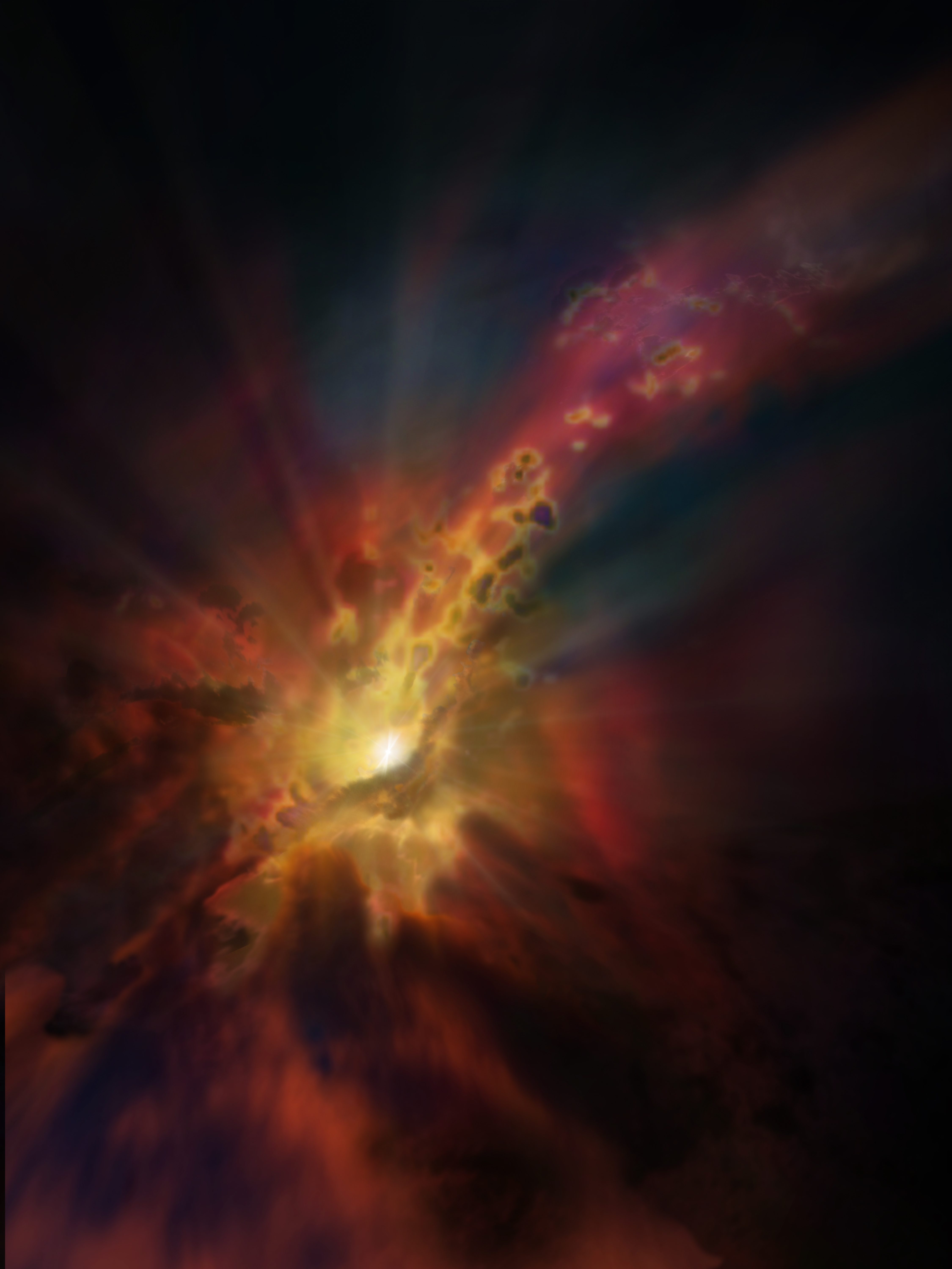 Artist impression of an outflow of molecular gas from an active star-forming galaxy.