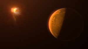 Artist's conception of Proxima Centauri b, a small brownish Earth-like planet that orbits Proxima Centauri. In the distant upper left of the image Proxima Centauri, in reddish hues, ejects a powerful stellar flare in white and yellow.