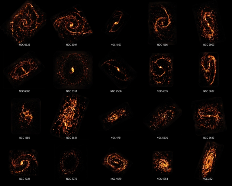 Twenty galaxies in the nearby universe shown as ALMA and Hubble Space Telescope composites. They are shown in orange and red to highlight their different structures, including spirals, rings, S shapes, and more.