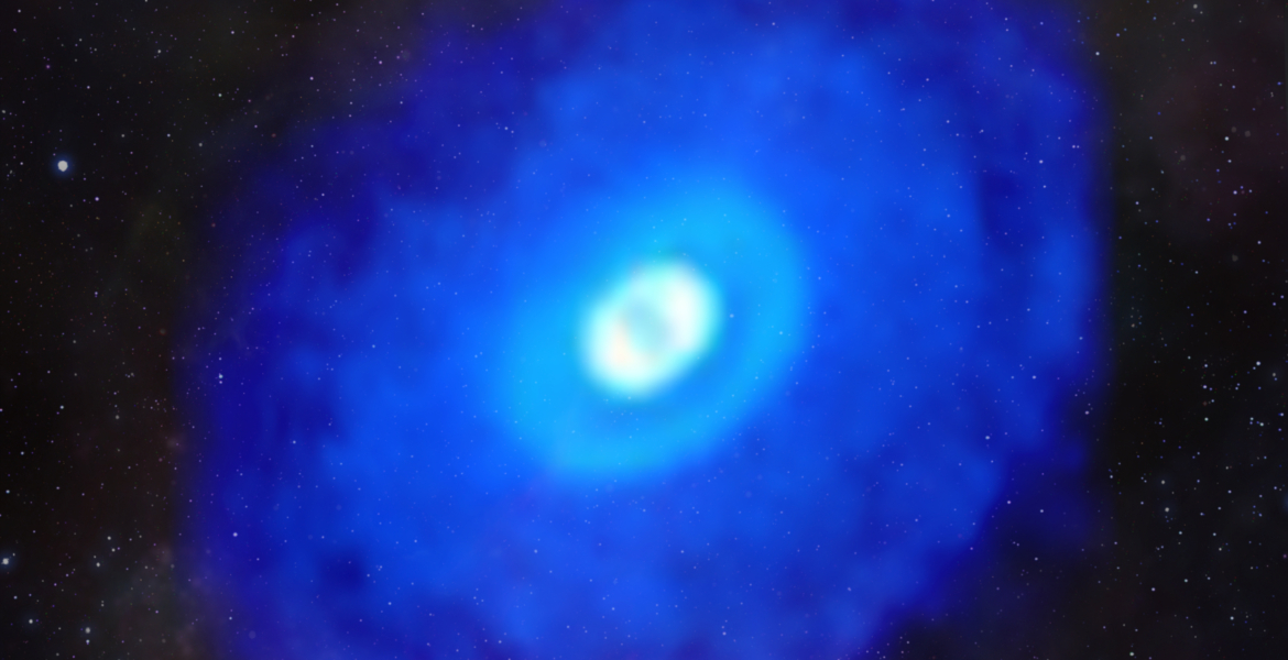 a bright blue young star with a cloud of cold gas surrounding it