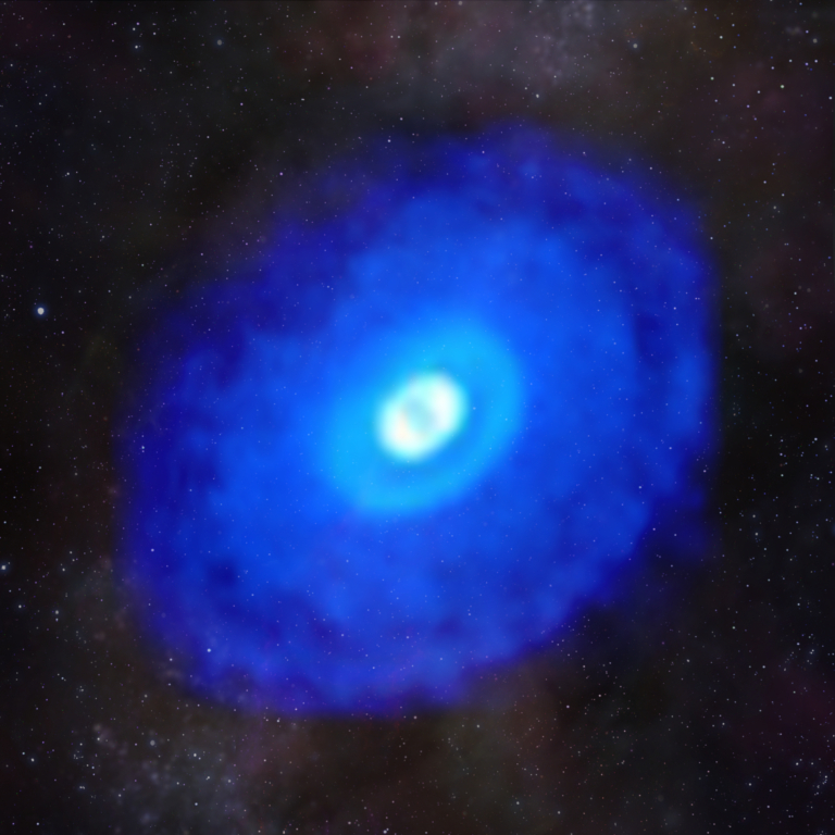 a bright blue young star with a cloud of cold gas surrounding it