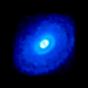 a bright blue young star with a cloud of cold gas surrounding it