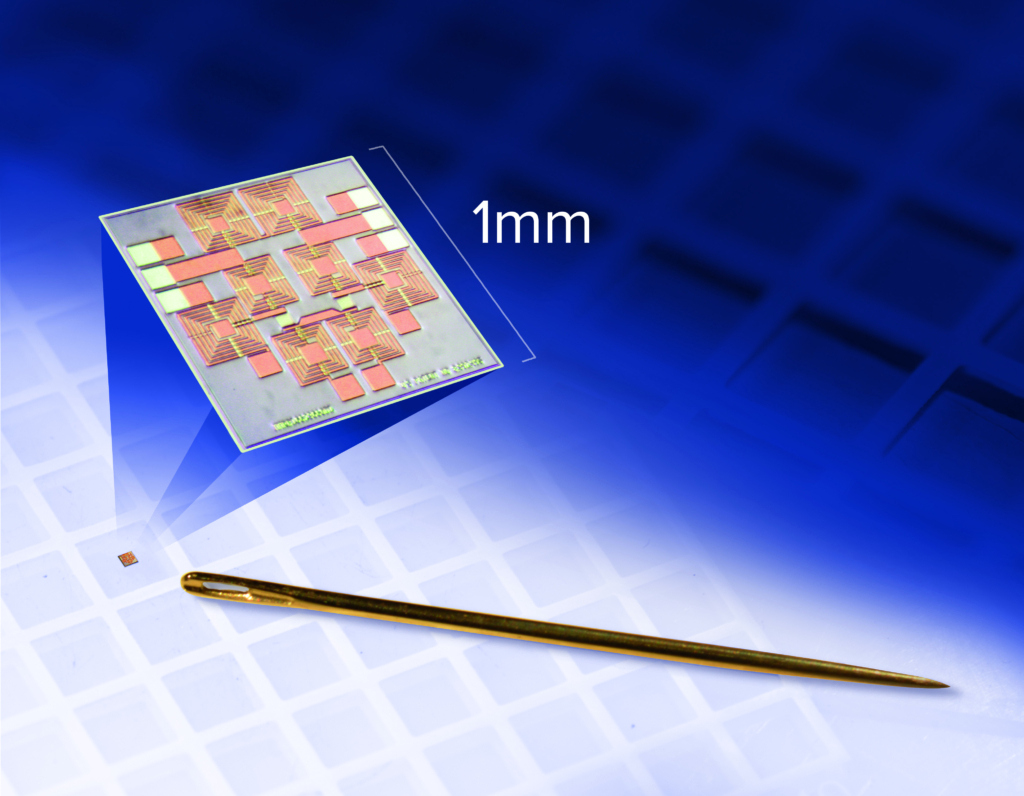 Artist's impression of a 1mm microchip in comparison to the head of a 19 gauge needle