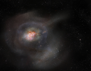 post-starburst galaxy shown with gas compacted near the center in bright red and white and translucent dust in the remainder of the galaxy field