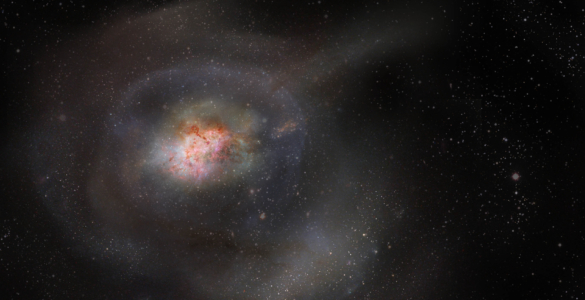 post-starburst galaxy shown with gas compacted near the center in bright red and white and translucent dust in the remainder of the galaxy field