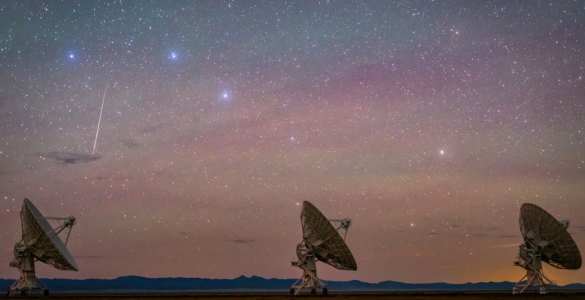 VLA Dishes with Big Dipper and Meteor