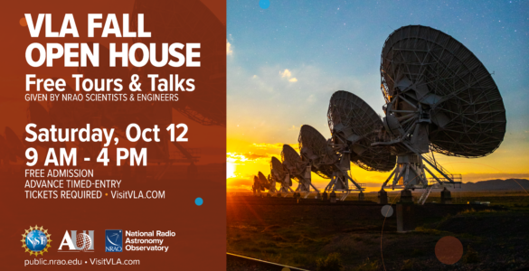 Sunset view of the VLA with text overlay of open house details