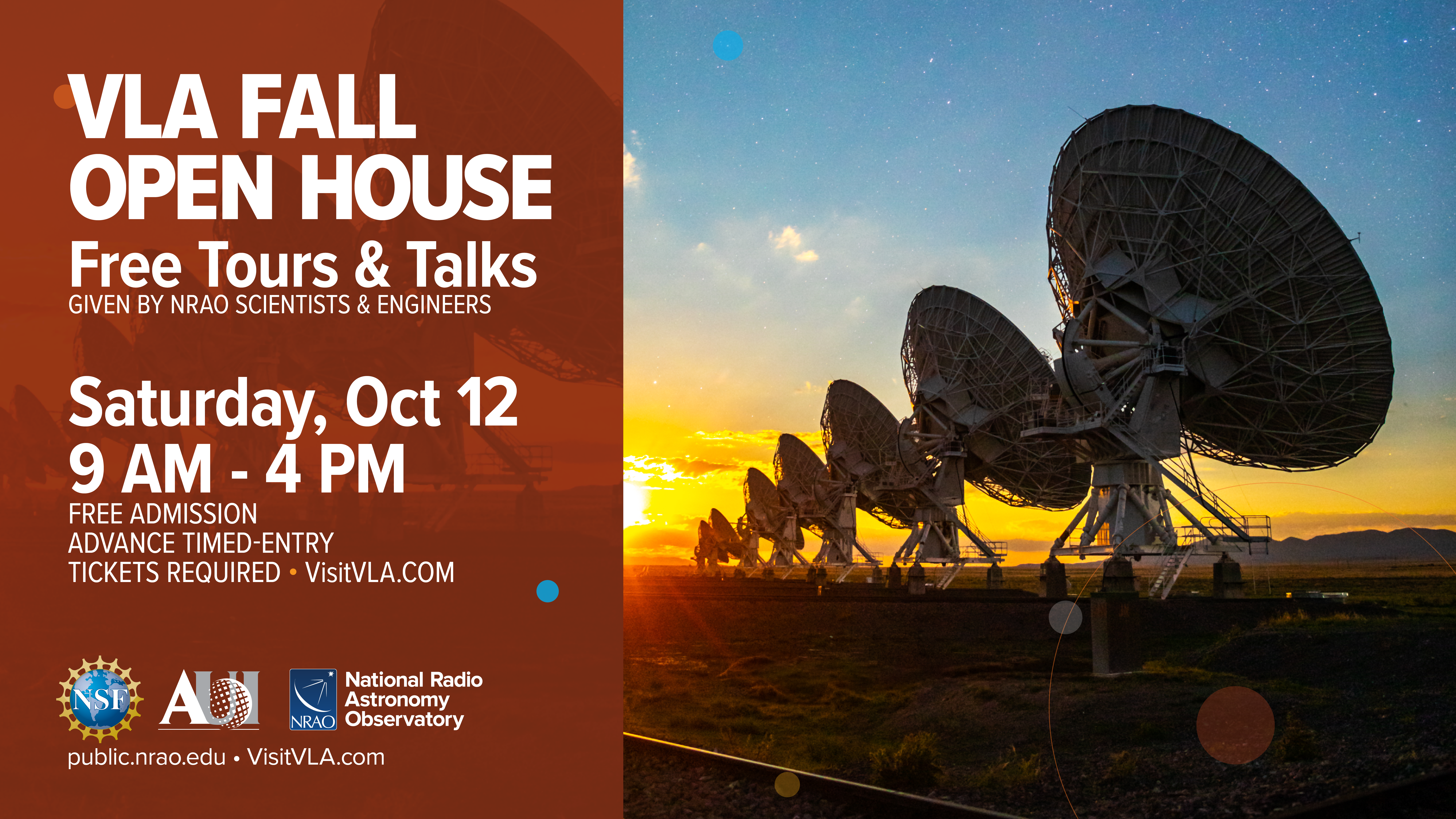 Sunset view of the VLA with text overlay of open house details