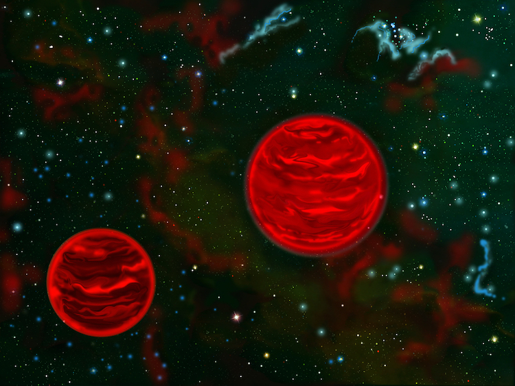 Free-floating binary Jupiter-mass objects are common even when present stellar and planetary theory cannot account for its existence. Artistic depiction of one of these systems, not to scale.