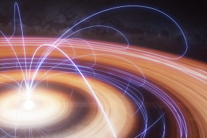 colorful rings surrounding a star with lines weaving up and down through them