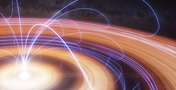 colorful rings surrounding a star with lines weaving up and down through them