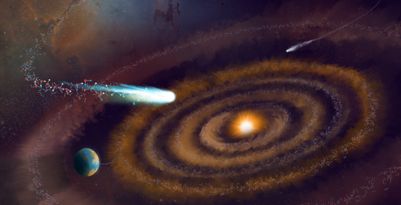 A scene in space, rings of dust circle a bright star, comets and planets float nearby. Tiny molecules representing heavy water appear throughout the image, connecting the star, comets, and planets.