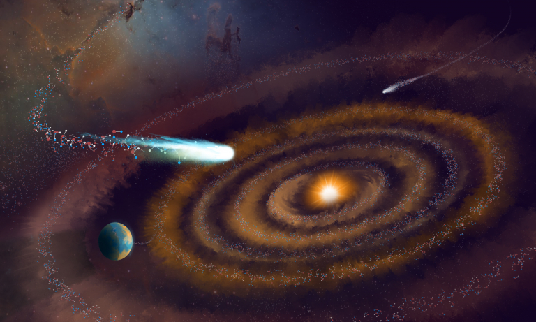 A scene in space, rings of dust circle a bright star, comets and planets float nearby. Tiny molecules representing heavy water appear throughout the image, connecting the star, comets, and planets.