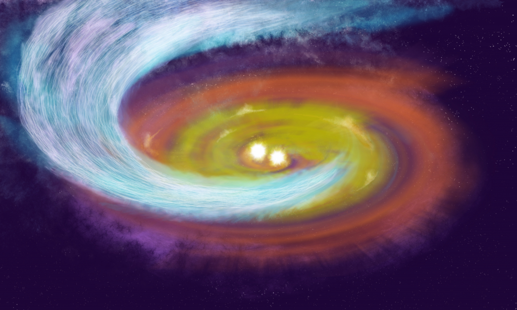 Illustration of new ALMA observations revealing spiral-shaped gas streamer guided by magnetic fields in a star-forming nursery
