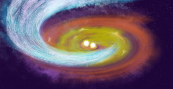 Illustration of new ALMA observations revealing spiral-shaped gas streamer guided by magnetic fields in a star-forming nursery